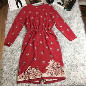 Vintage 80s Bedford Fair Floral Midi Dress Red Border Print Long Sleeve 10